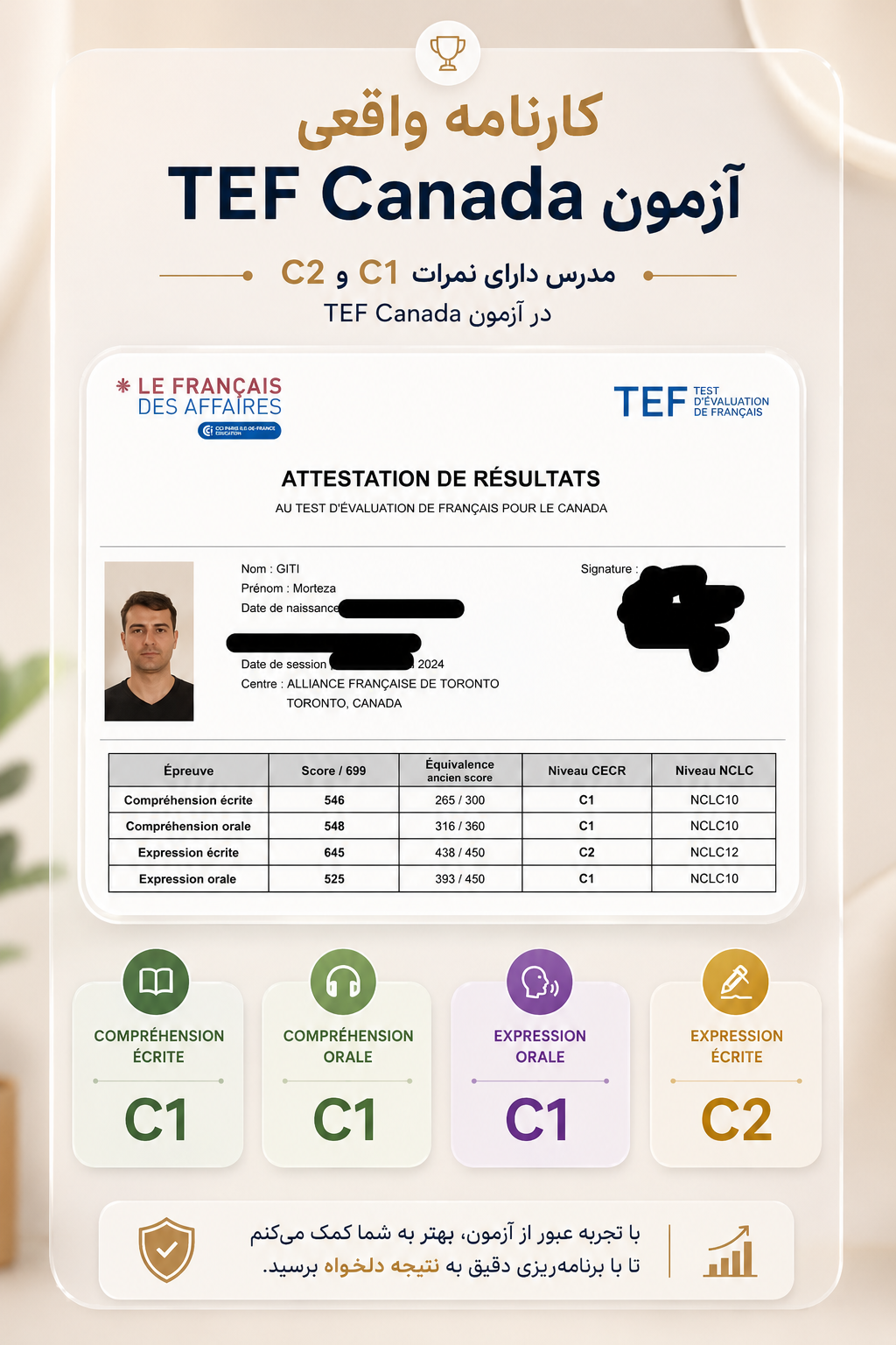 Morteza Giti — TEF Canada Attestation de Résultats (C1/C2)